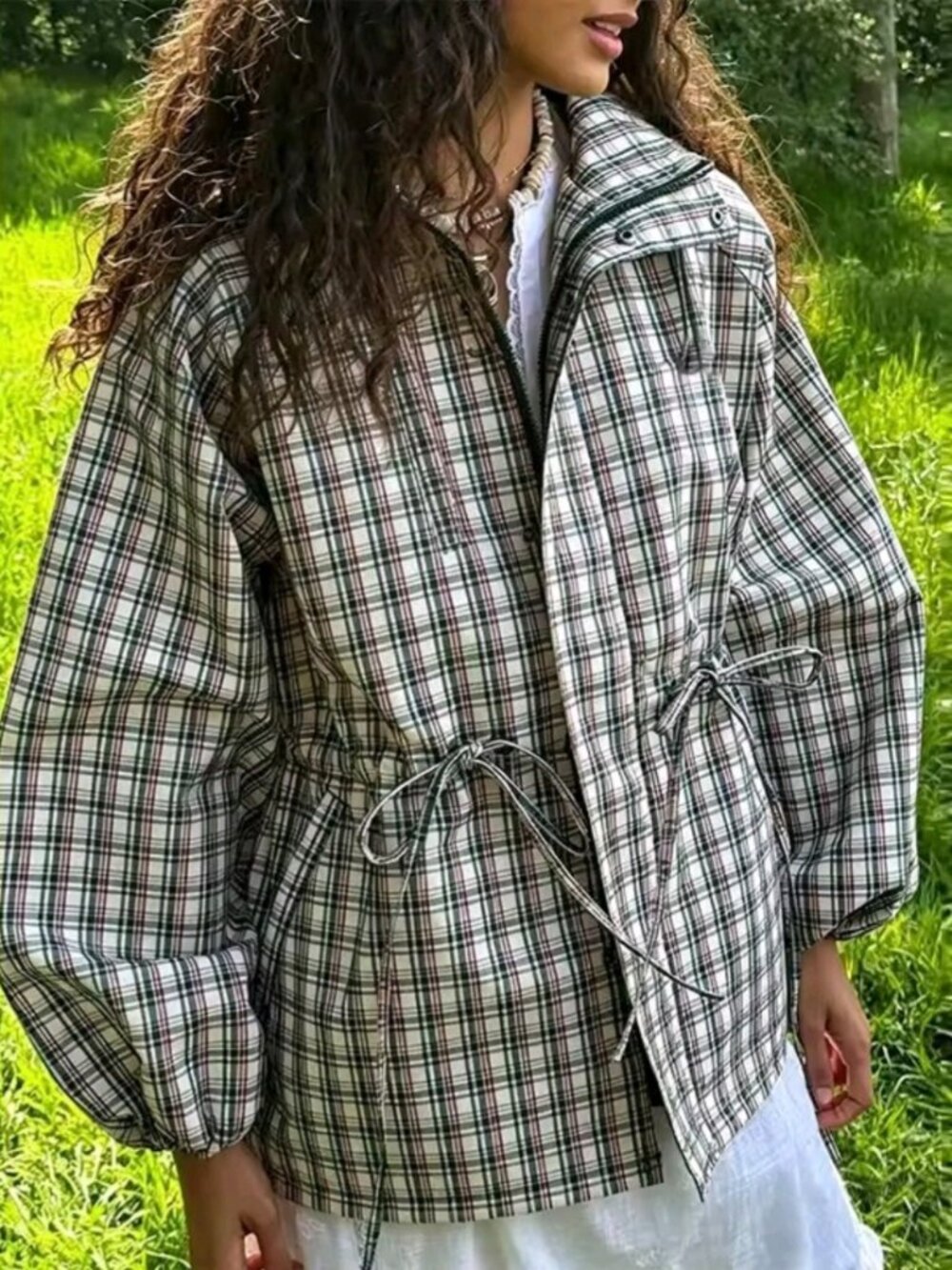 Casual Grid Plaid Women's Coat Elegant Long Sleeve Zippers Hoodies Pocket
